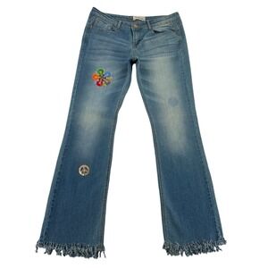 True Freedom Womens Flare Jeans Blue Guitar Peace Patch Frayed Hem 32 Hippie Y2K